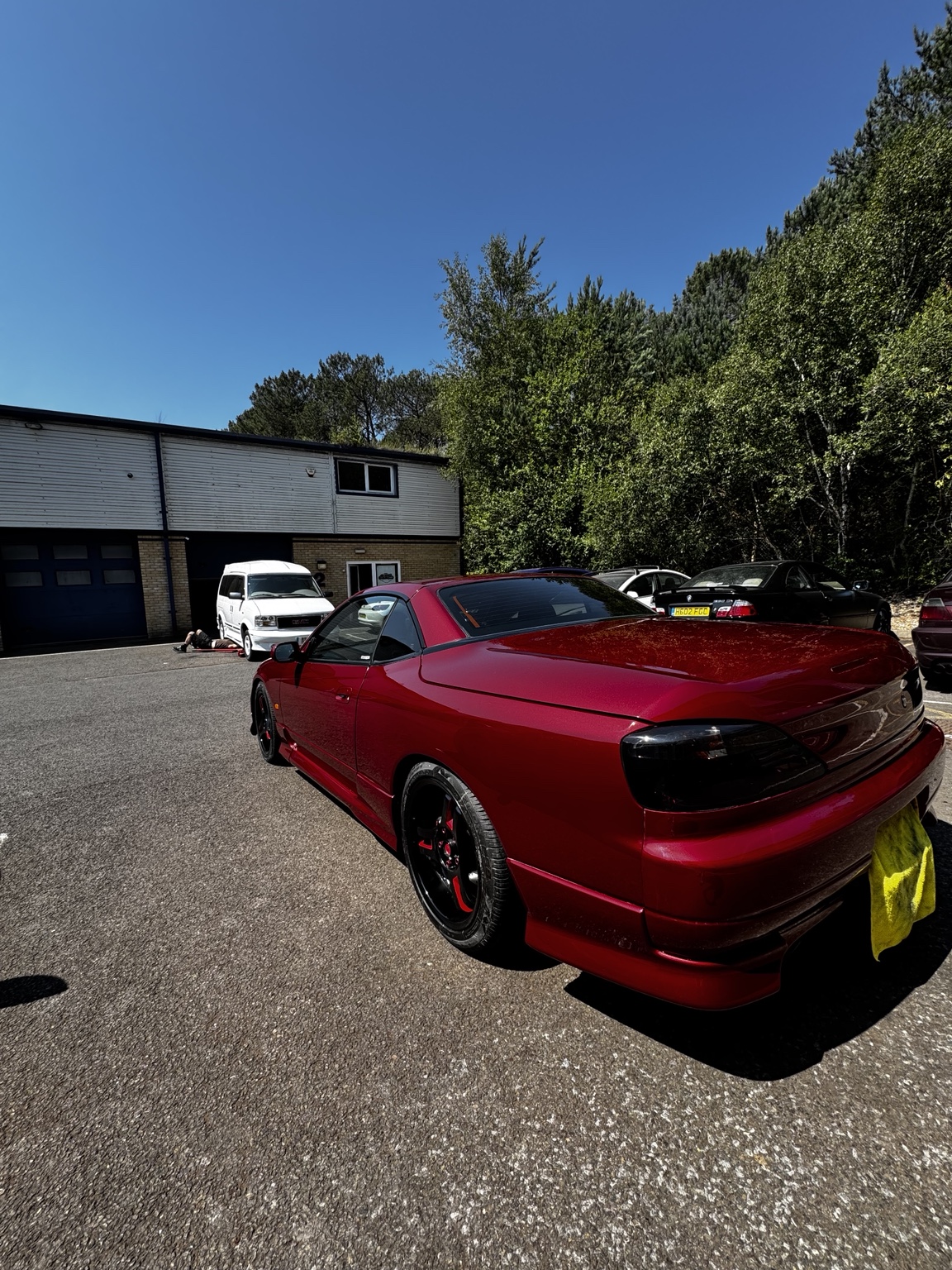 Rear view of finished red sports car